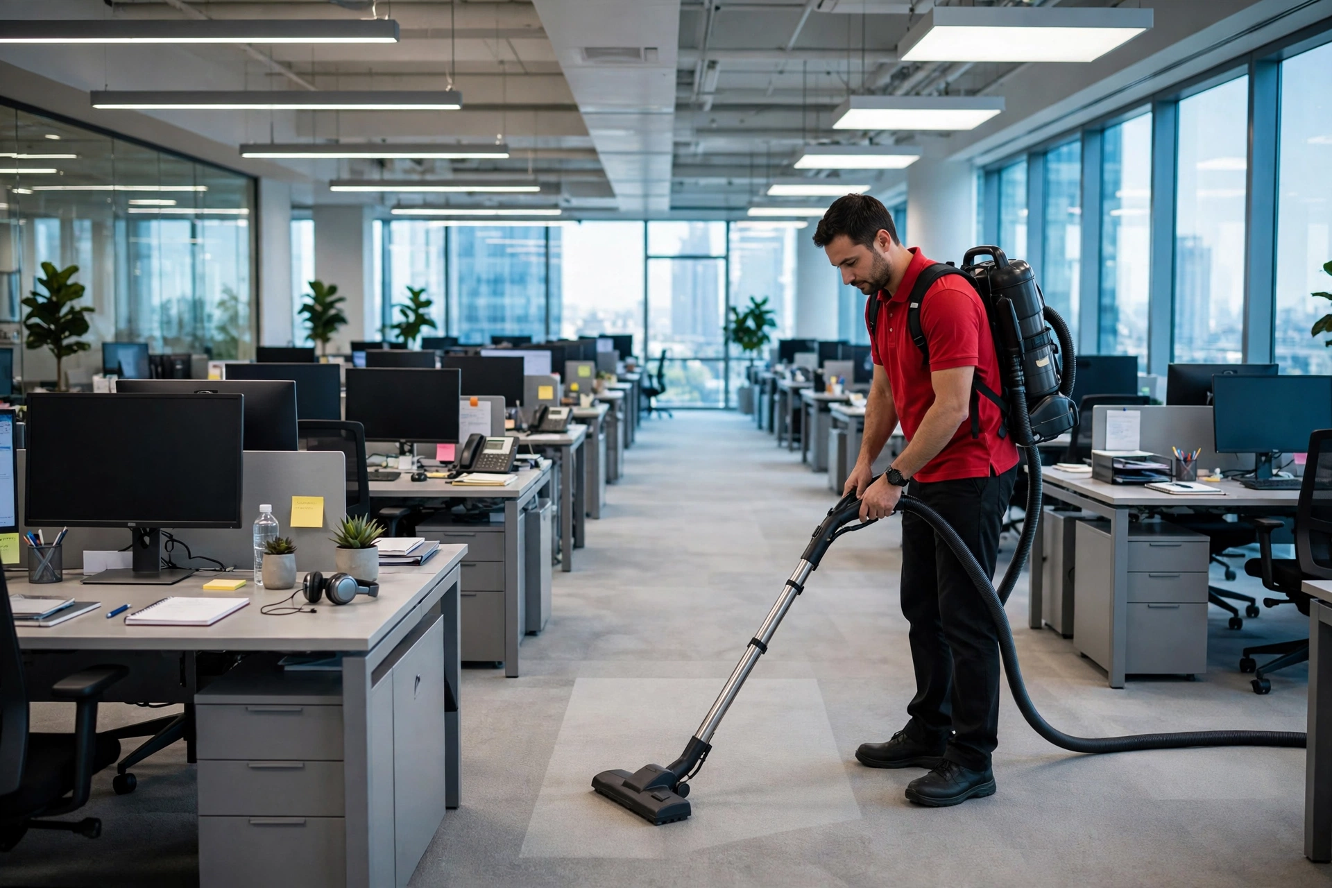 Élite professional vacuuming a large corporate office