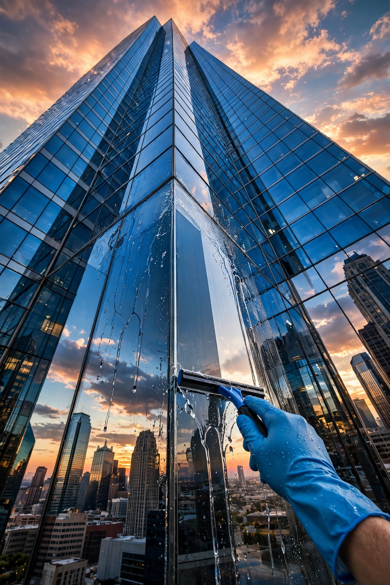 Streak-free window cleaning on a glass office building at sunset